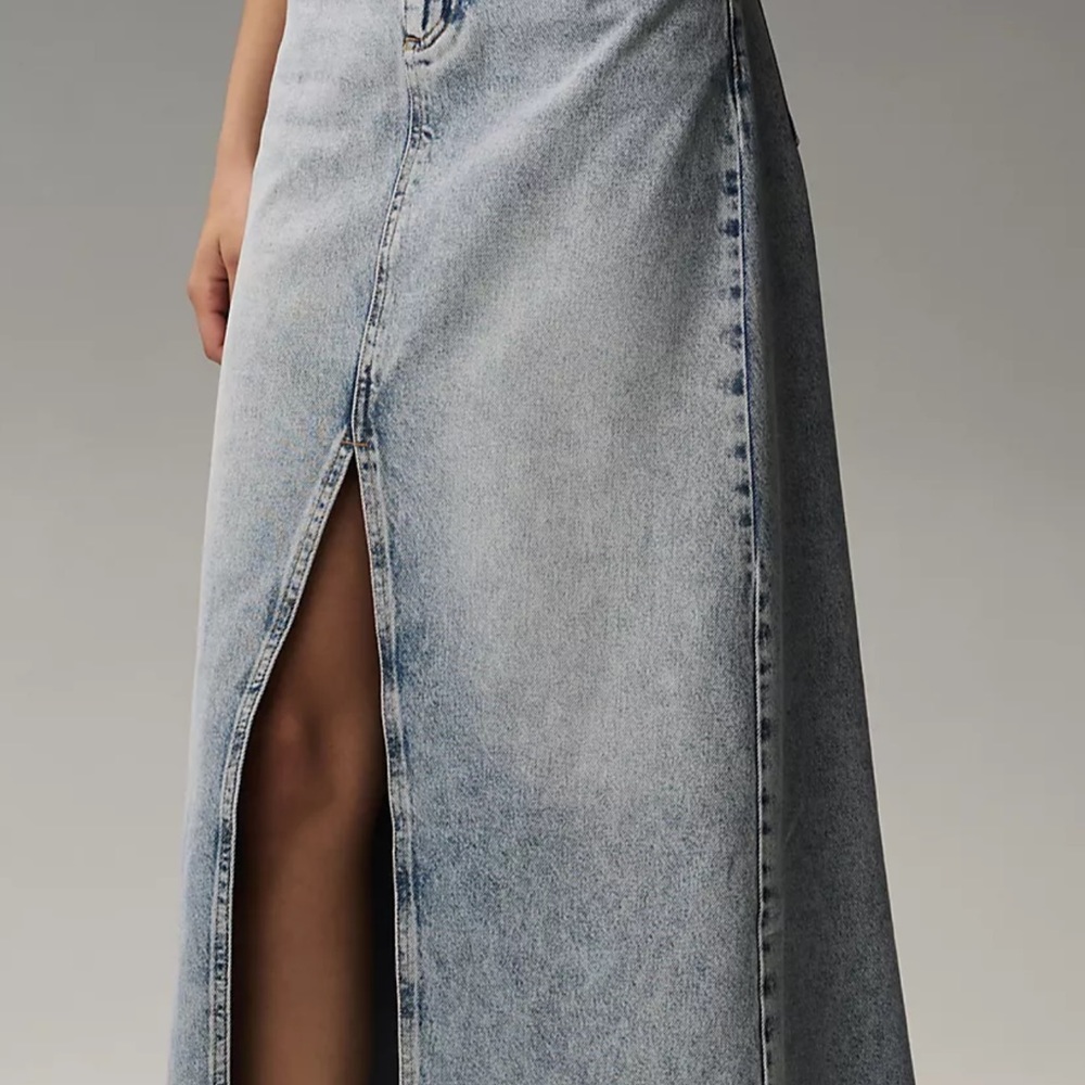 Anthropologie Pilcro Madi Front Slit Denim Maxi Skirt Raw Hem Positano WashBlue - Picture 2 of 7